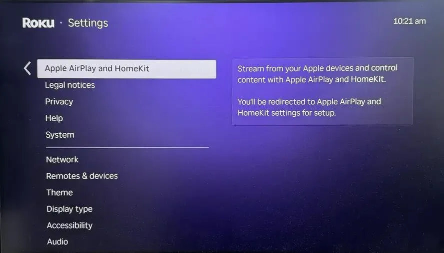 Roku 的 Apple AirPlay and HomeKit 菜单