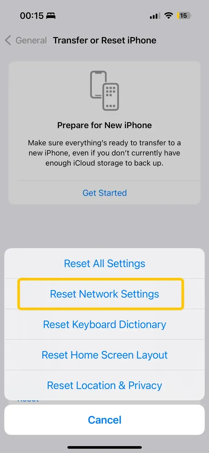 iPhone 重置网络设置