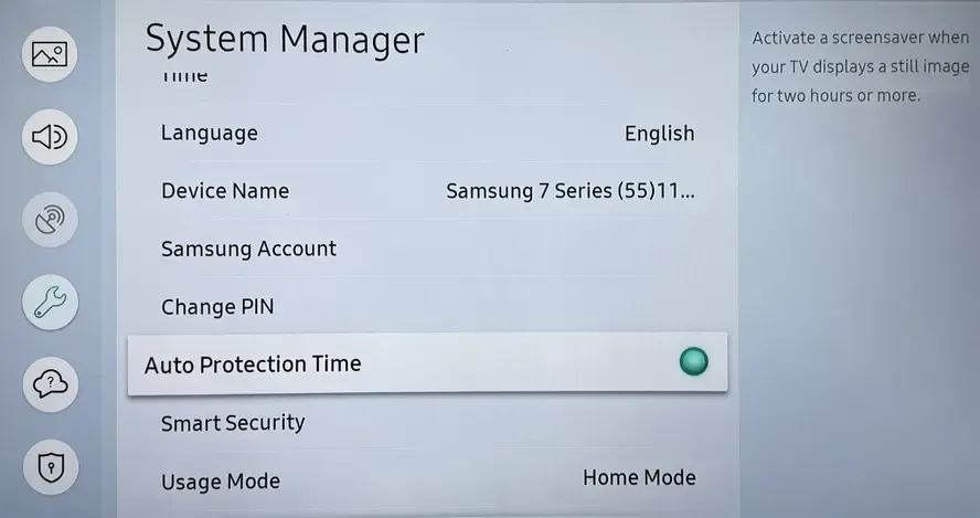 Samsung 电视的自动保护时间