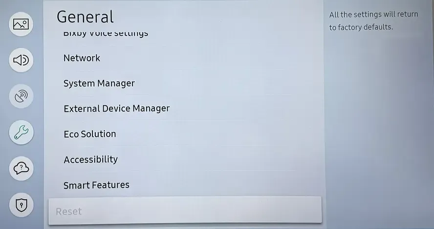Samsung 电视恢复重置入口