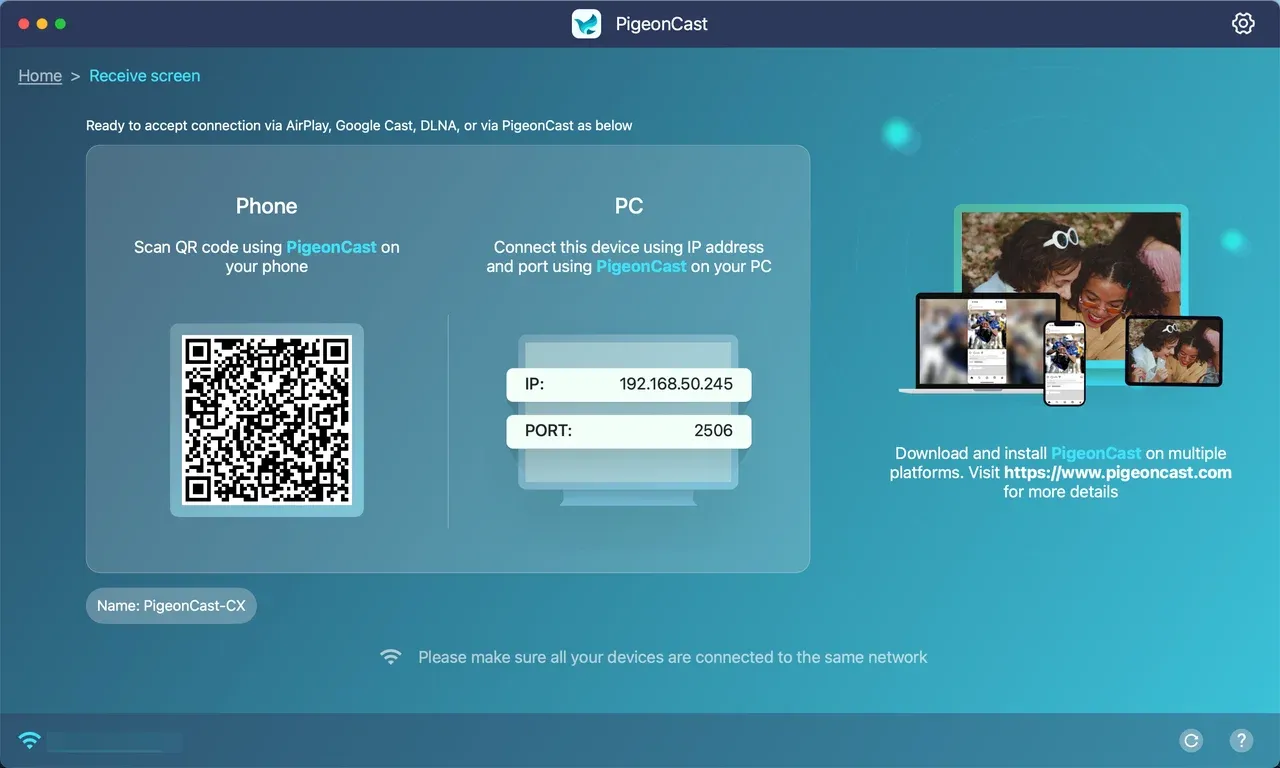 MacBook 上的 PigeonCast 接收端