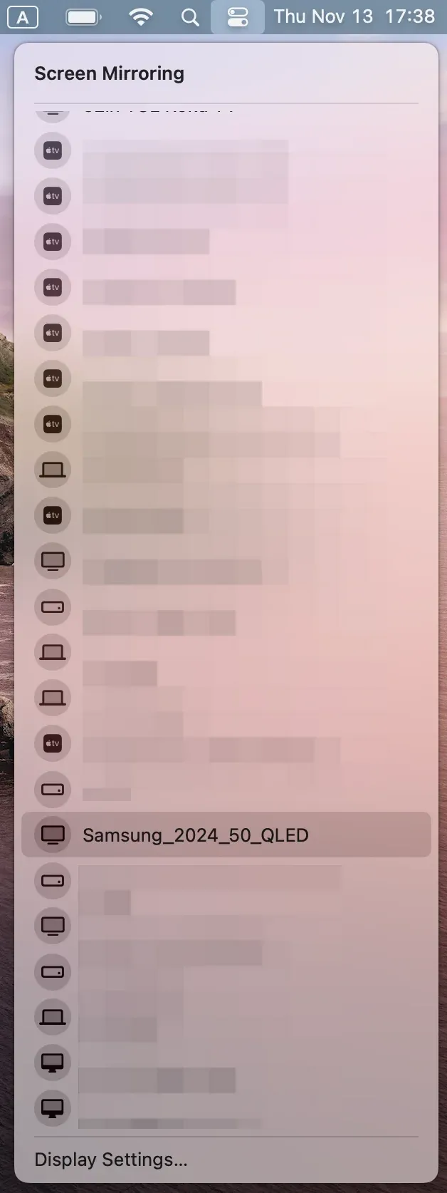 Mac 上的 AirPlay 设备列表