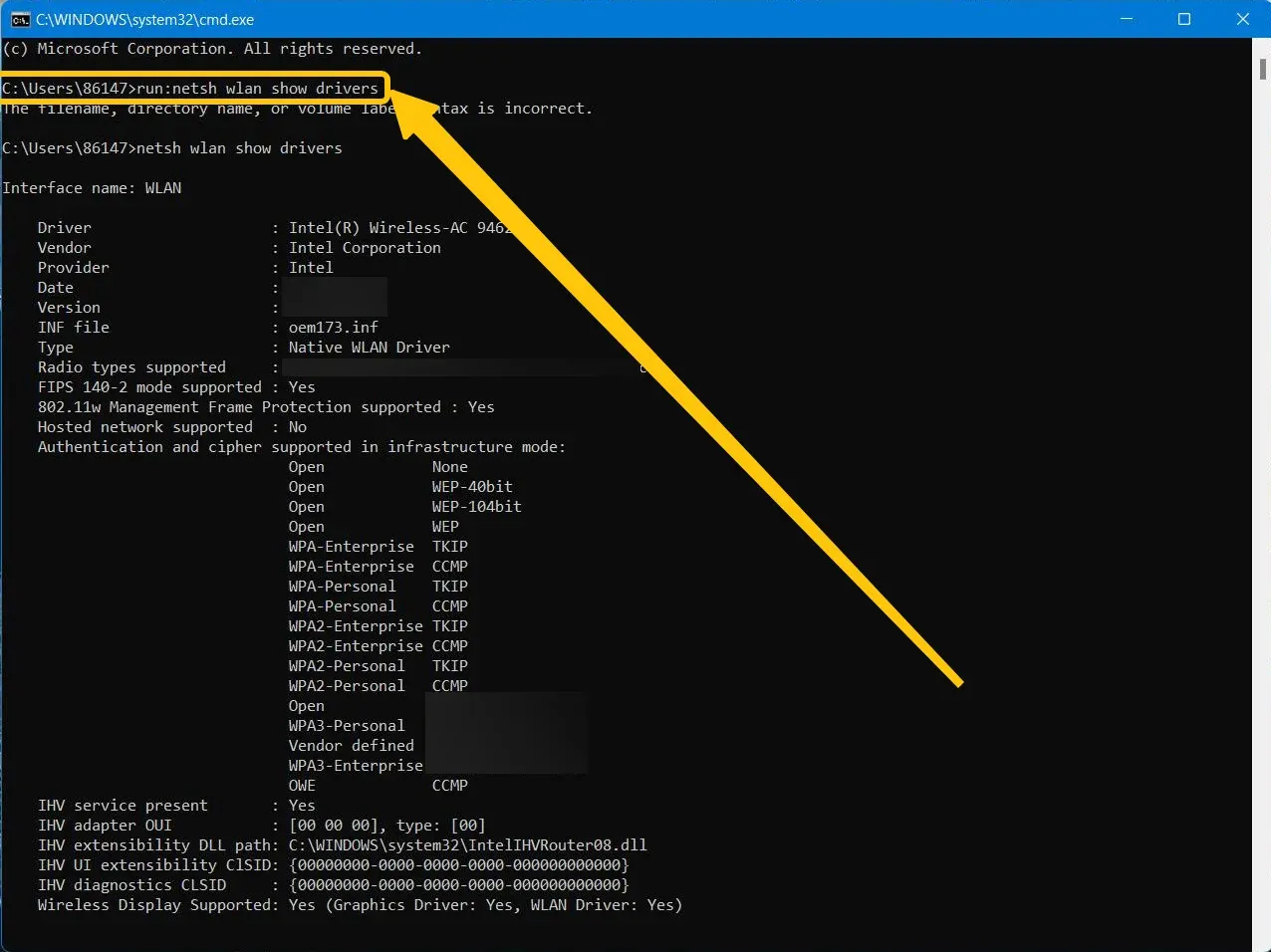 运行 netsh wlan show drivers