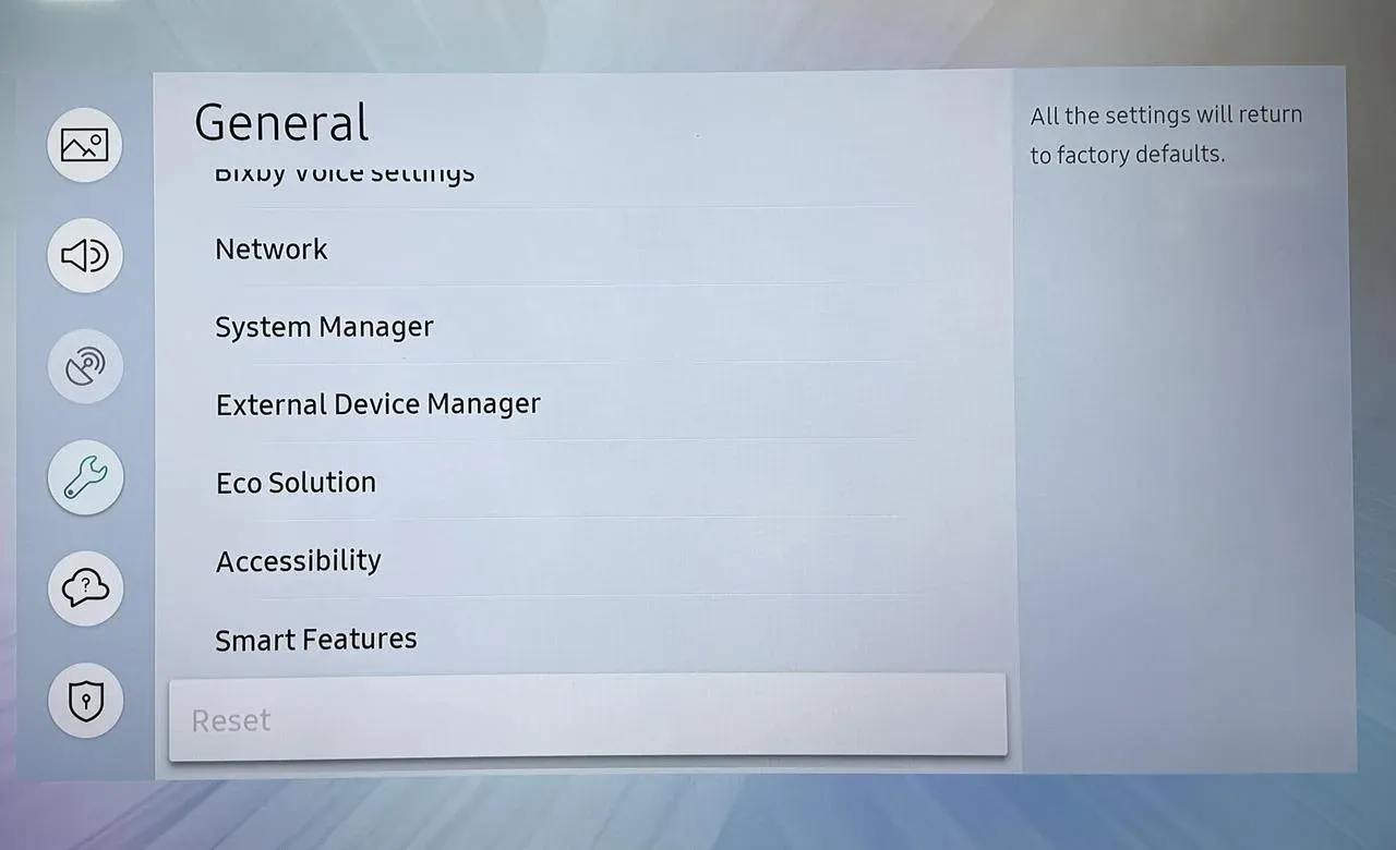 Samsung 电视重置选项