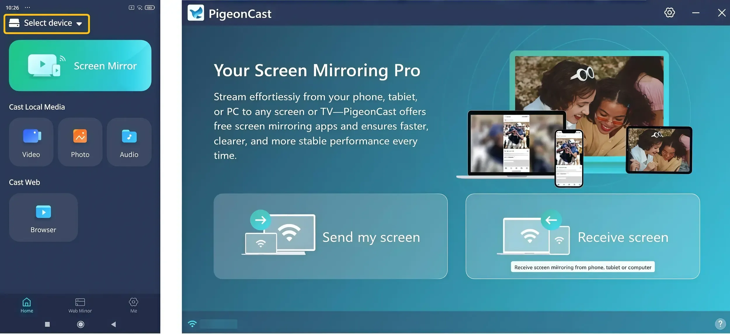 在 PigeonCast 中选择设备或接收屏幕